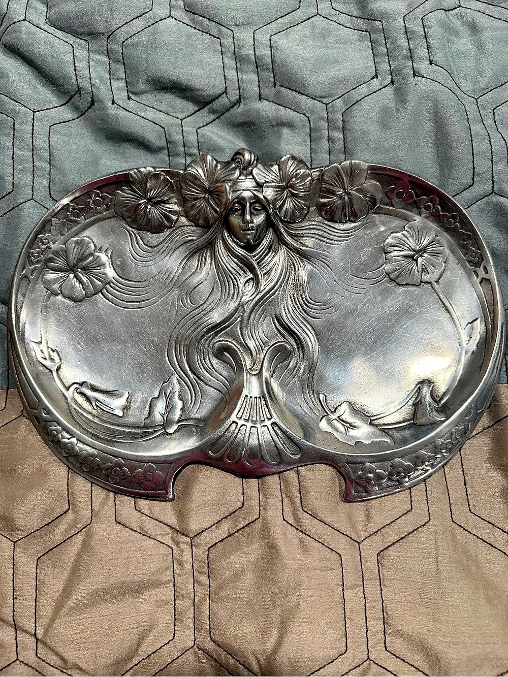 Fabulous Antique Art Nouveau Lady Floral Pewter tone Tray